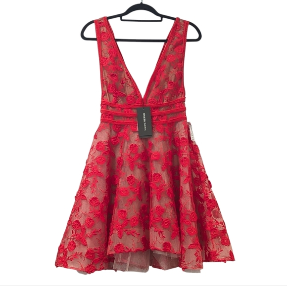 NWT Nadine Merabi Red Lola Lace Mini Dress Size S/M/4 - Picture 2 of 16